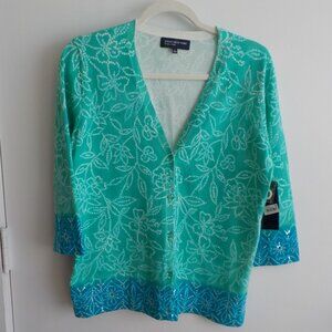 Jones New York Sweater Cardigan - Green Blue - 3/4 Sleeve - Large - NWT  (562)